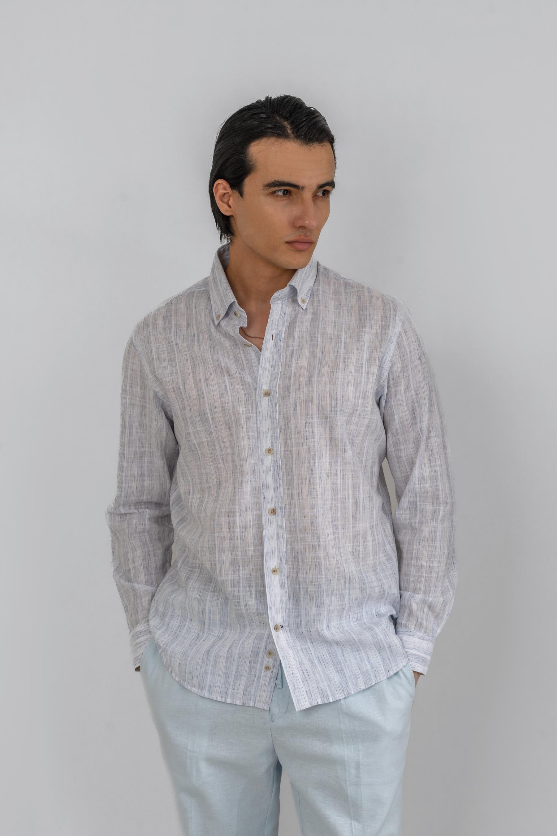 پیراهن لینن راه راه آستین بلند (1078) - آبی-تیره, m