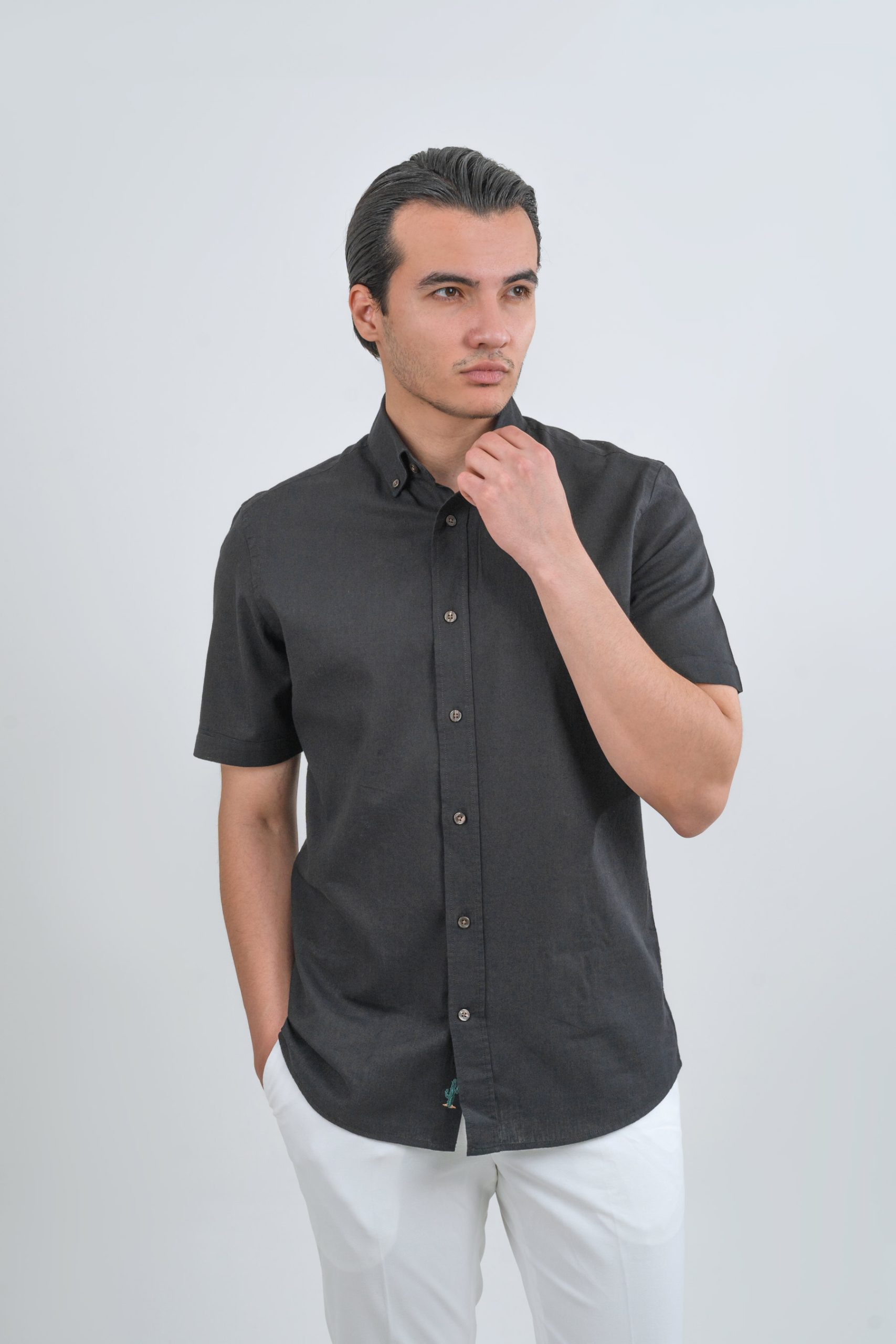 linen-shirts-geomat-black (1) پیراهن لینن آستین کوتاه مشکی 1091 - Image 1