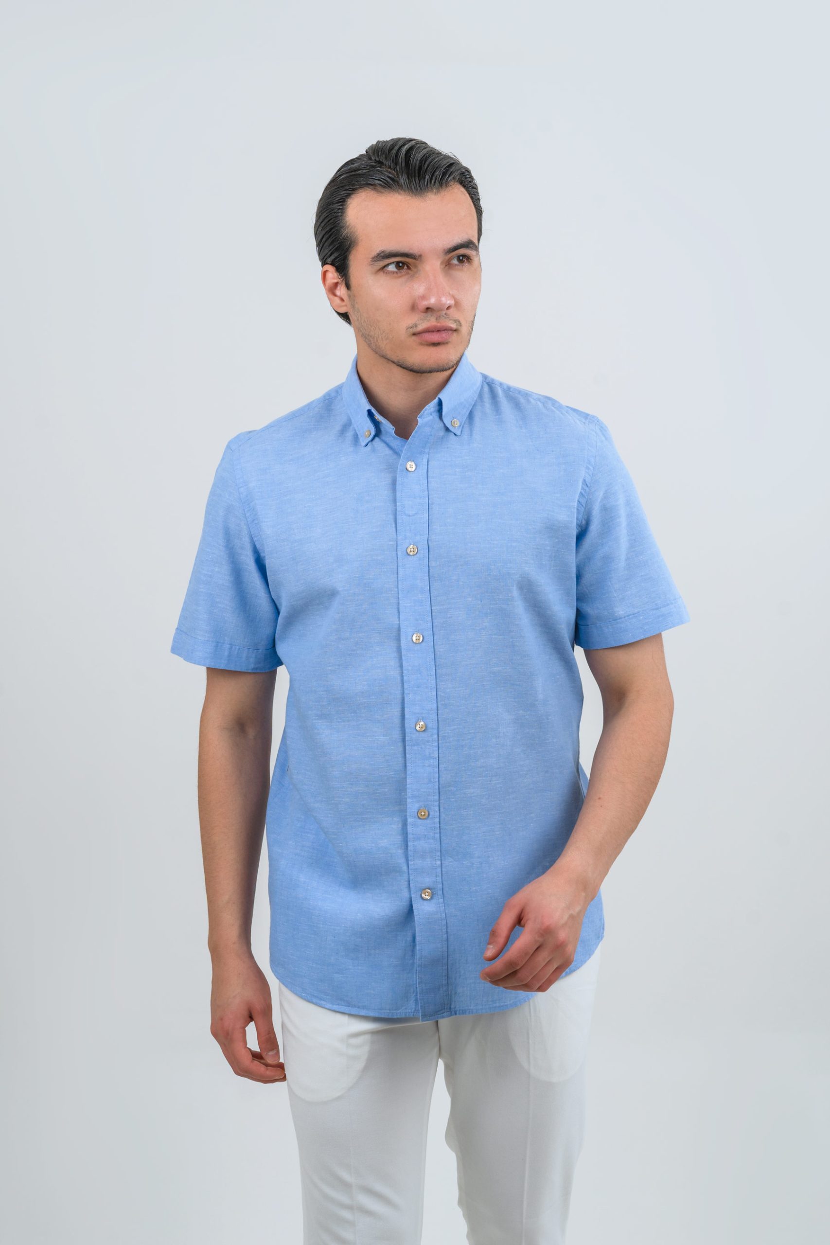 linen-shirts-geomat-blue (1) پیراهن لینن آستین کوتاه آبی 1091 - Image 1