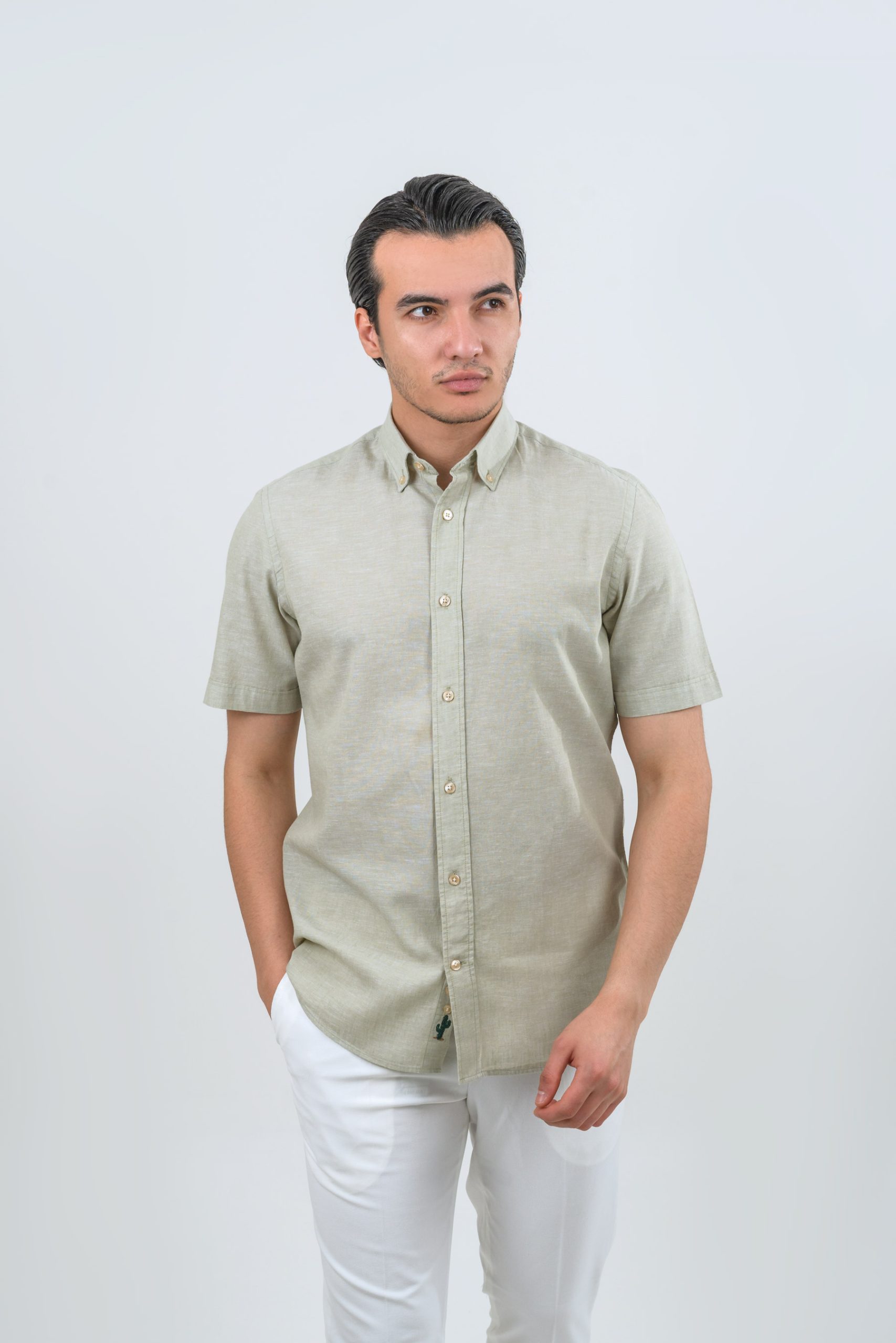 linen-shirts-geomat-lightgreen (1) پیراهن لینن آستین کوتاه سبز روشن 1091 - Image 1
