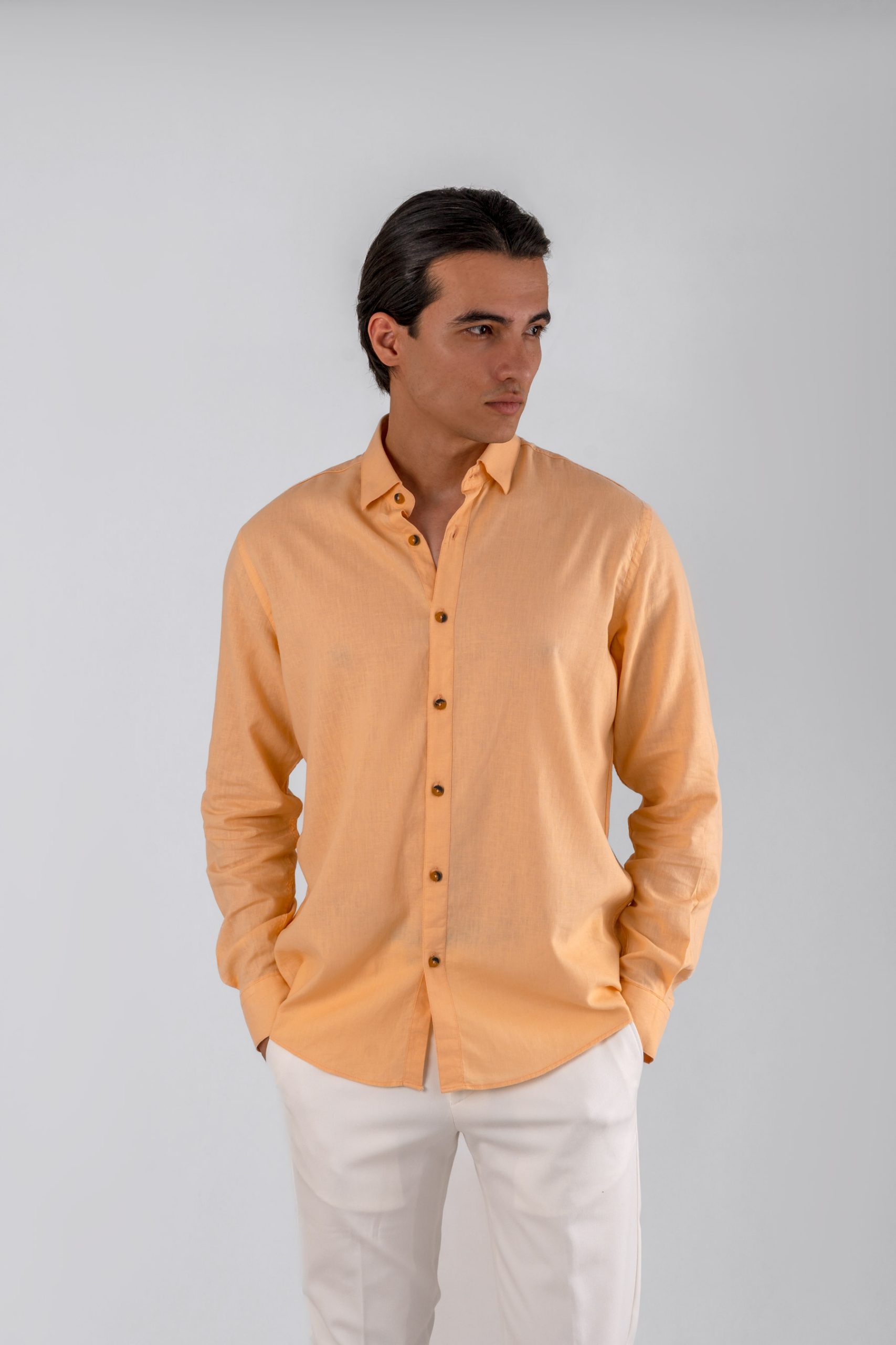 simple-linen-shirt-peach پیراهن لینن آستین بلند گلبهی 1076 - Image 1