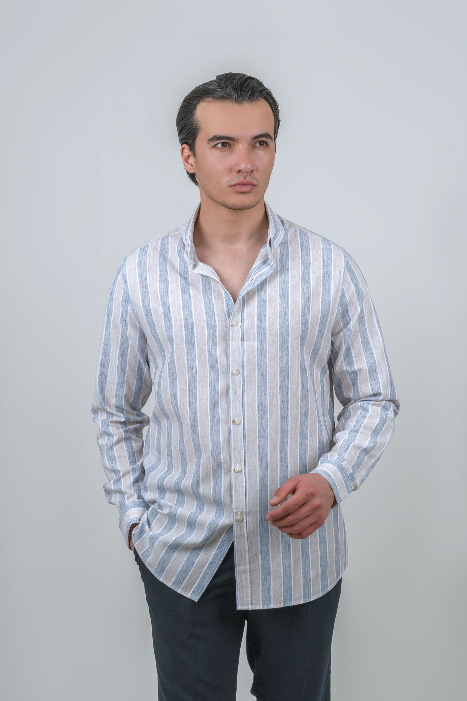 shirts-geomat-khardeli (2) پیراهن لینن راه راه آستین بلند خردلی 1095 - Image 1