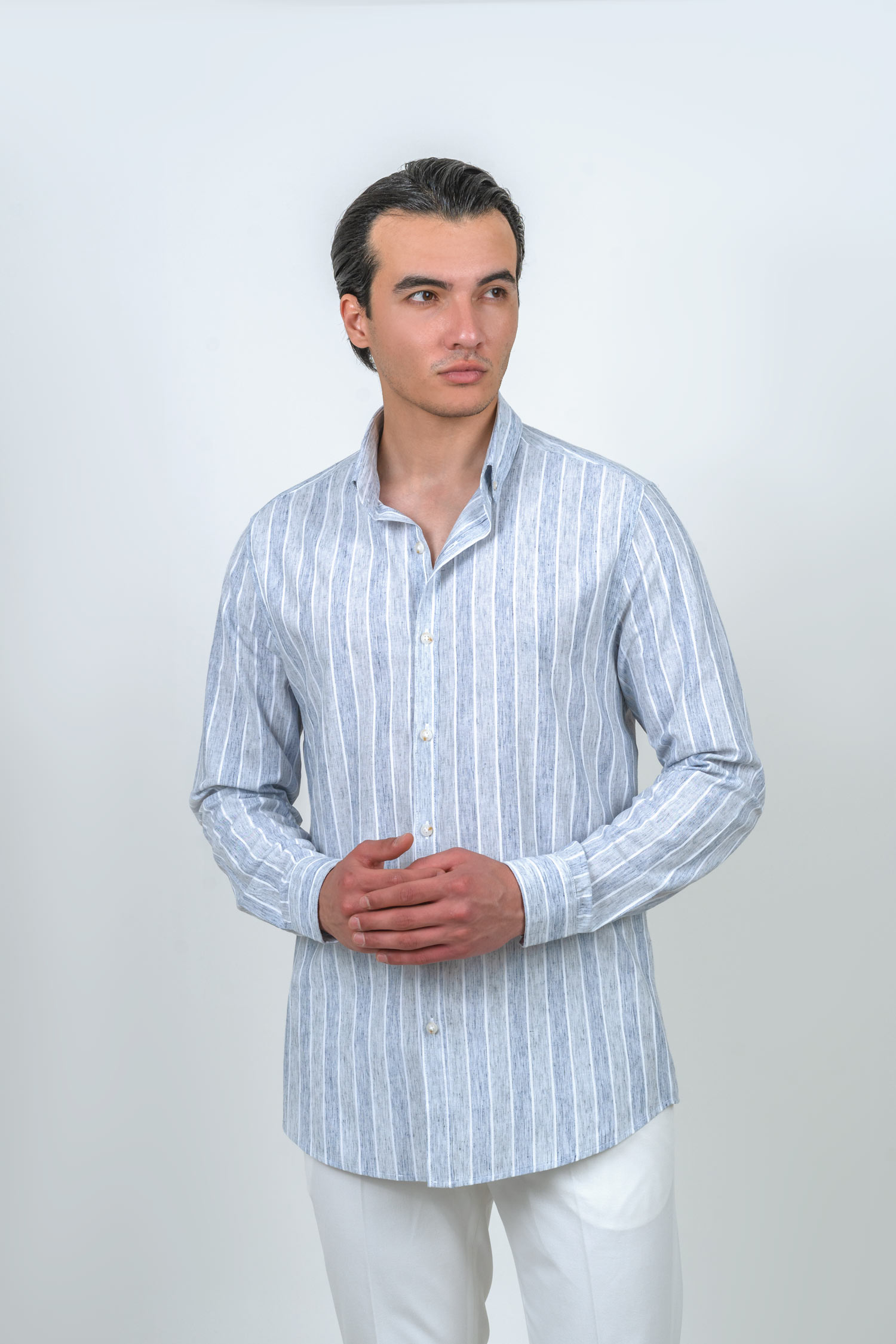 shirts-geomat-navy (1) پیراهن لینن راه راه آستین بلند سرمه ای 1095 - Image 1
