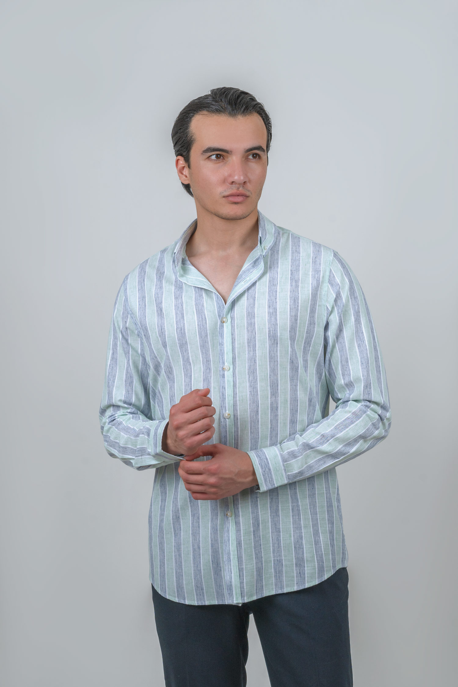 shirts-geomat-purple (1) پیراهن لینن راه راه آستین بلند بنفش 1095 - Image 1