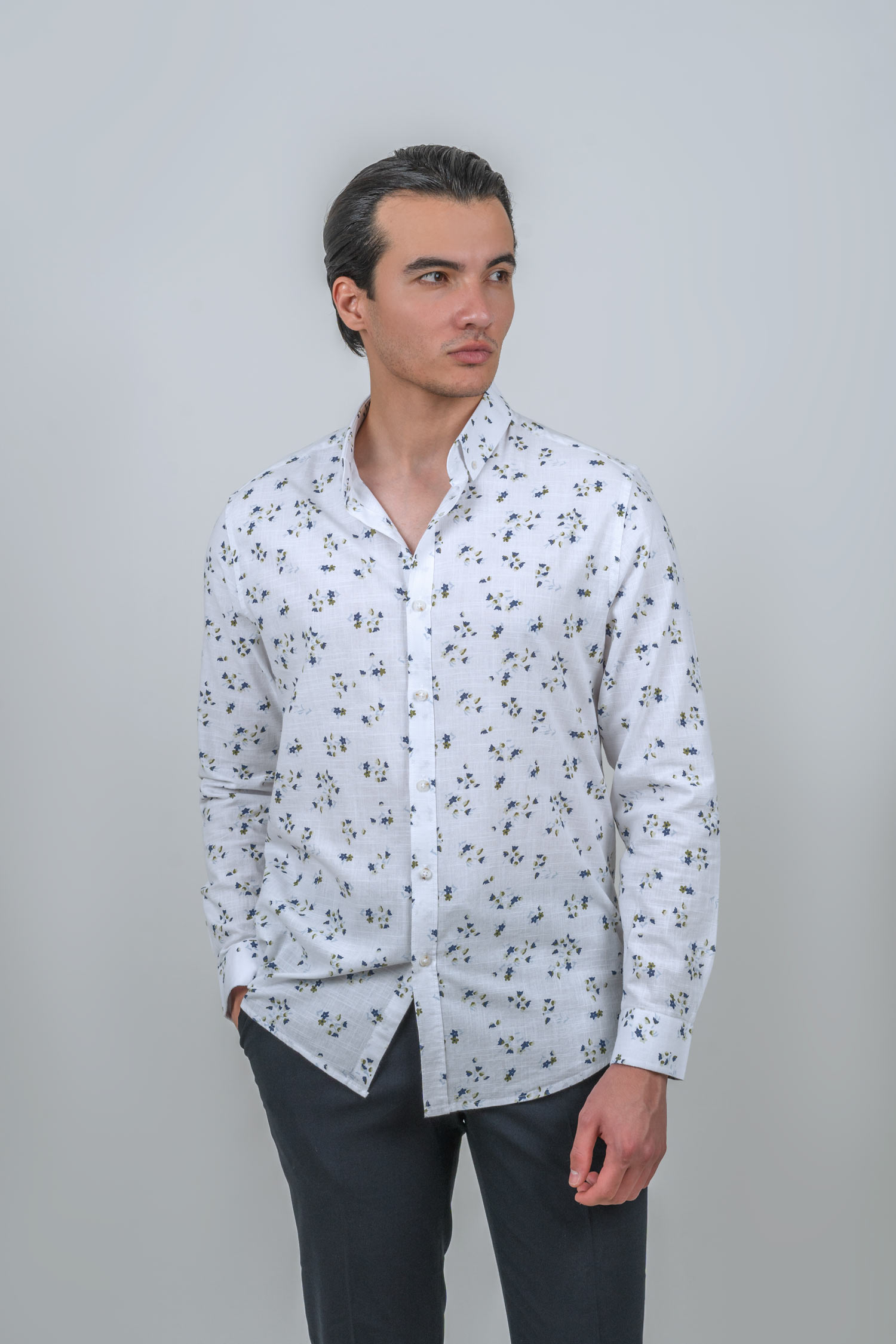 shirts-linen-navy (1) پیراهن لینن طرحدار آستین بلند سرمه ای 1096 - Image 1