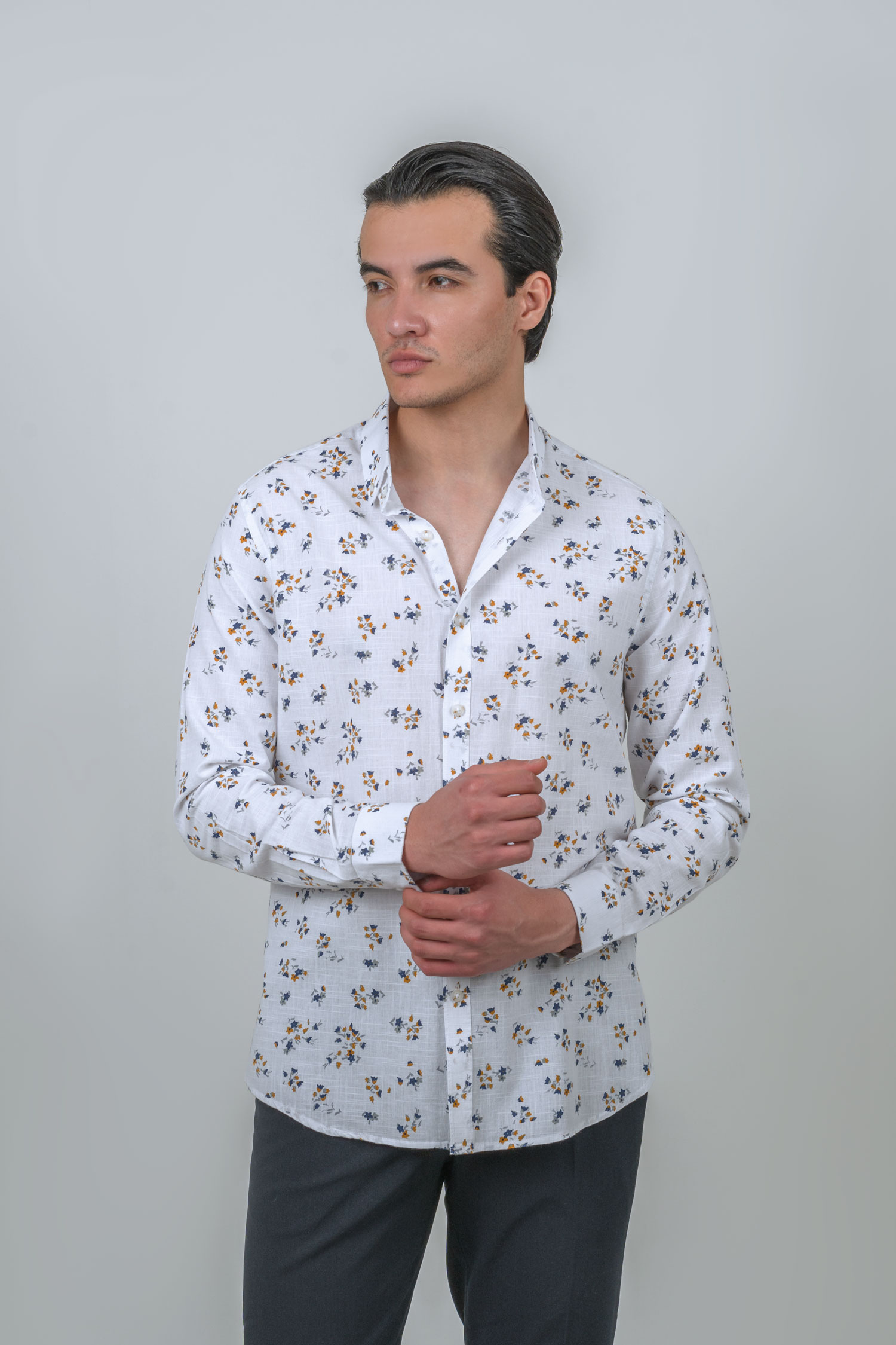 shirts-linen-orange (1) پیراهن لینن طرحدار آستین بلند نارنجی 1096 - Image 1